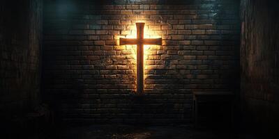 Cross illuminated on a brick wall in a dimly lit room creates a profound atmosphere of reflection and spirituality photo