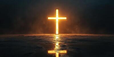 Illuminated cross stands in a dark environment, symbolizing hope and faith in a spiritual context photo