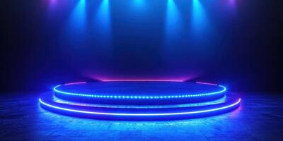 Brightly lit stage with blue and purple lights ready for a performance in an event hall at night photo