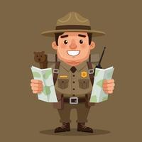 Cartoon Park Ranger Reading Map with Backpack and Radio vector
