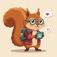 Squirrel Using Tablet Device with Backpack and Eyeglasses Cartoon vector