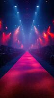 Fashion show runway illuminated by vibrant lights and smoke at a high-profile event photo