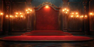 Elegant red carpet stage with ornate decorations in a dimly lit vintage setting photo