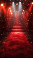Brightly lit red carpet leading to a stage illuminated by colorful lights at night photo