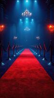 Elegant red carpet leading to a dimly lit grand hall with chandeliers in evening setting photo