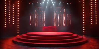 Empty stage with red lighting and spotlight ready for a performance in an event space photo