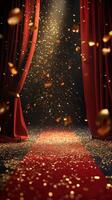 Glamorous red carpet event with sparkling confetti and dramatic curtains in a celebratory atmosphere photo