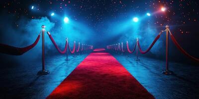 Brightly lit red carpet entrance leading to an elegant venue with striking blue lights and a starry atmosphere at night photo