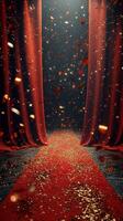 Glittering red carpet entrance adorned with rose petals and golden confetti in a festive ambience during an evening event photo