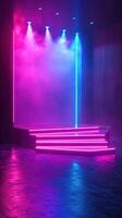 Bright neon lights illuminate a stage with fog effects in a modern performance space during evening hours photo