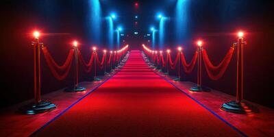 Walkway adorned with red carpet and lights creating a glamorous atmosphere for an event or awards ceremony photo