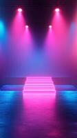 Vibrant stage with colorful neon lights and a reflective floor ready for a performance near the end of the day photo