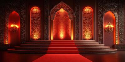 Luxurious indoor space with rich decorations and illuminated walls that create an elegant atmosphere for events photo
