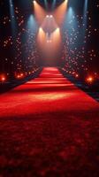 Bright red carpet leading to a spotlight in a glamorous event space with decorative lighting photo