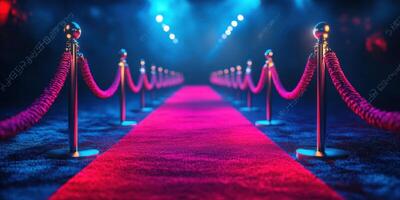 Elegant red carpet event venue illuminated by vibrant lights and surrounded by velvet ropes for a high-profile gathering photo