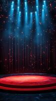 Brightly lit stage with red curtain and spotlights set for a performance at night photo