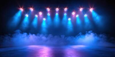 Colorful stage lights illuminate a performance area with fog at night photo