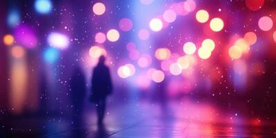 Colorful city street at night with blurred figures walking under bright lights in the rain photo