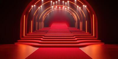 Illuminated red staircase with arches and glowing lights in a modern setting during an evening event photo