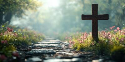 Pathway lined with flowers leads to a rustic cross in a serene forest during early morning mist photo