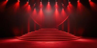 Stunning red-lit stage with tiered steps designed for an immersive performance experience photo