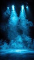 Lighting effects create dramatic atmosphere with blue haze and smoke in performance venue during nighttime event photo