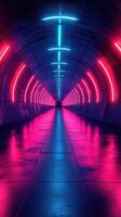 Brightly lit underground tunnel featuring neon lights and reflections on a wet surface during nighttime photo