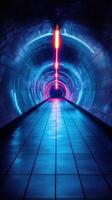 Vibrant illuminated tunnel in futuristic design with blue and red lights at night photo
