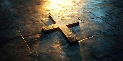 Cross illuminated on a stone floor at dusk, revealing texture and depth in dim light photo