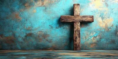 Wooden cross against a textured blue backdrop in a serene interior space photo