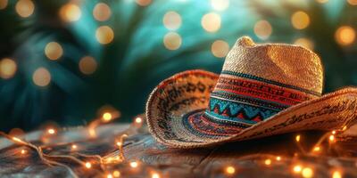 Decorative straw hat rests on wooden surface with soft bokeh lights creating a festive ambiance photo