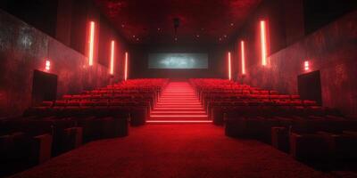 Modern theater interior with dramatic red lighting and plush seating inviting movie enthusiasts to enjoy a cinematic experience photo