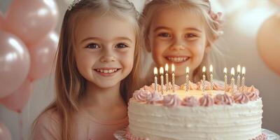 Two smiling girls celebrate a birthday with a beautiful cake and glowing candles in a festive atmosphere filled with balloons photo