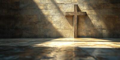 Wooden cross illuminated by sunlight in a dimly lit stone chapel photo