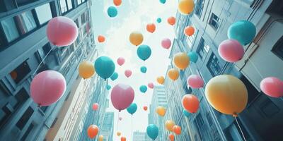Colorful balloons float above an urban street creating a festive atmosphere in the city during daytime photo