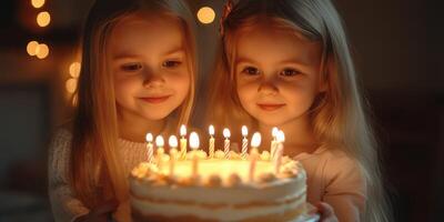 Two young girls joyfully celebrating a birthday with a cake adorned with candles in a warmly lit room photo