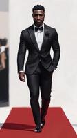 Man walks confidently down the red carpet wearing a tuxedo at a formal event in the evening photo