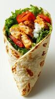Delicious chicken wrap filled with fresh vegetables and creamy sauce from a popular eatery photo
