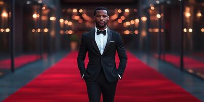 Elegant man in formal attire walks confidently on a red carpet at an evening event with soft lighting and atmosphere photo