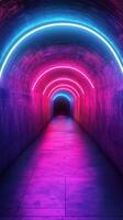 Colorful neon lights illuminate a long tunnel creating a vibrant and modern atmosphere at night photo