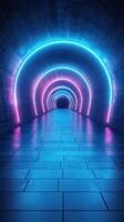 Neon lights illuminate a dark tunnel creating a vibrant and futuristic atmosphere in an urban space photo