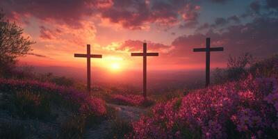 Sunset view with three crosses on a hill surrounded by blooming flowers in a peaceful landscape photo