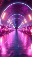 Vibrant neon tunnel with reflective spheres creating a futuristic atmosphere at night photo
