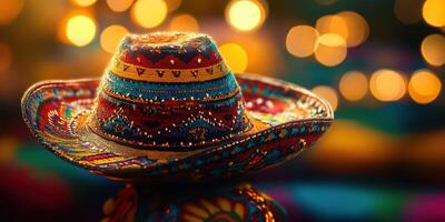 Colorful sombrero adorned with intricate patterns rests against a backdrop of warm bokeh lights during a festive gathering at night photo