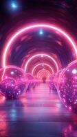Bright neon tunnel with glowing spheres and vibrant light reflections in a futuristic setting photo