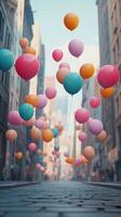 Colorful balloons floating in a lively urban street on a bright sunny day photo