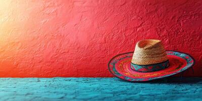 Colorful sombrero resting on blue surface against textured red wall in warm light photo