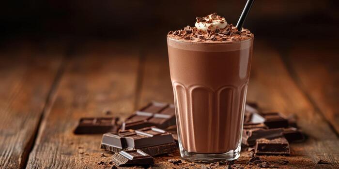 Creamy chocolate drink topped with whipped cream and chocolate shavings on a rustic wooden table photo