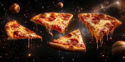 Floating slices of pepperoni pizza in a cosmic space backdrop with planets and stars photo