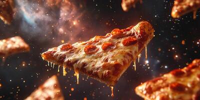 Pizza slice floating through space with melted cheese and pepperoni in vibrant cosmic background photo